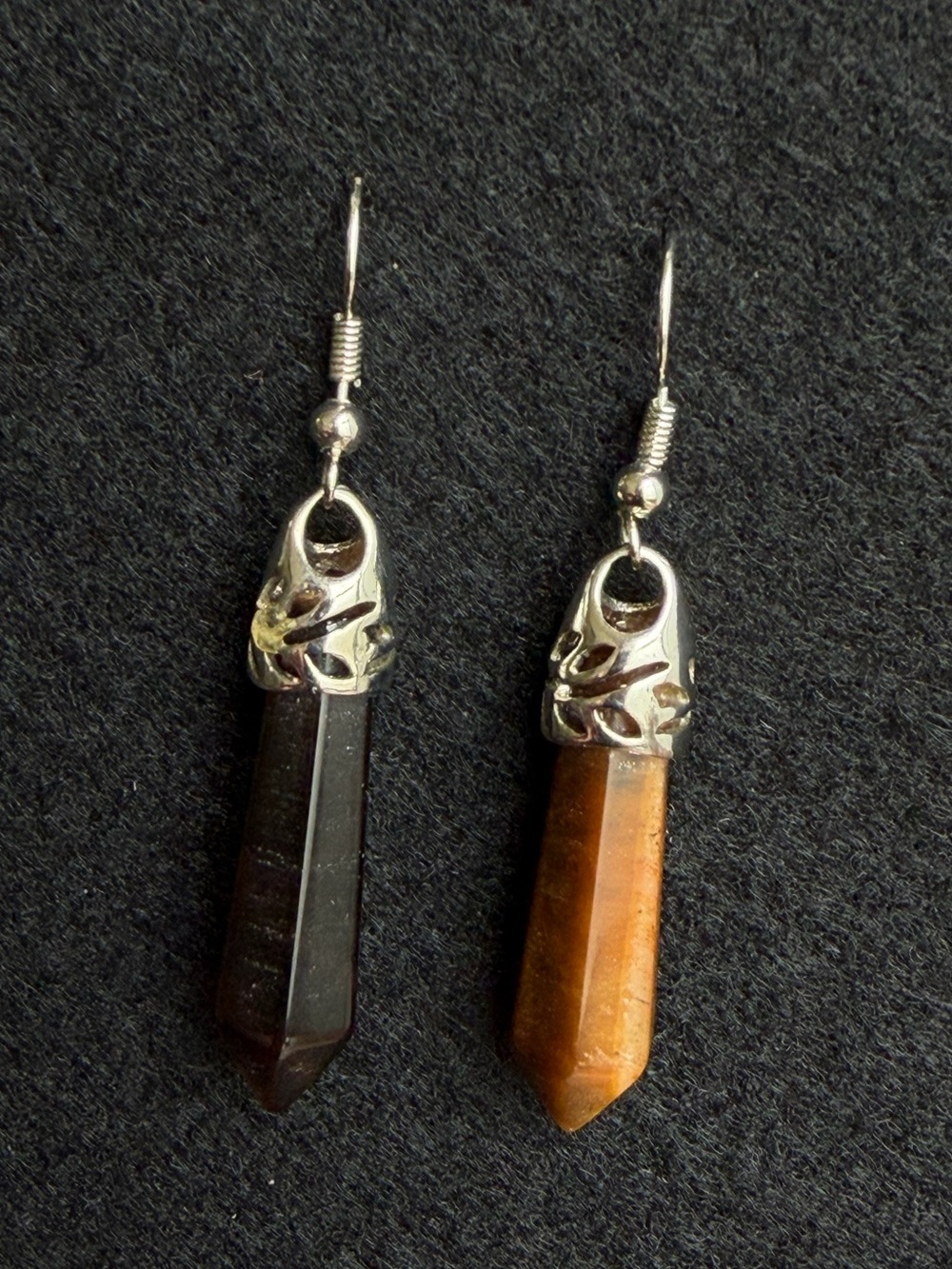 Handmade Tiger Eye Gemstone Point Dangle Earrings Silver Tone Boho
